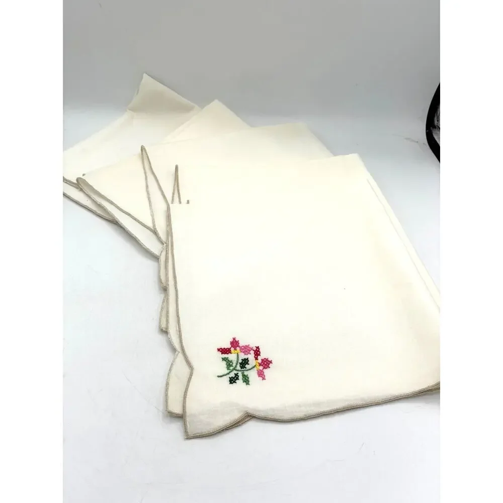 Vintage Napkins Set 5 16” Hand Embroidered Floral Scalloped Linen